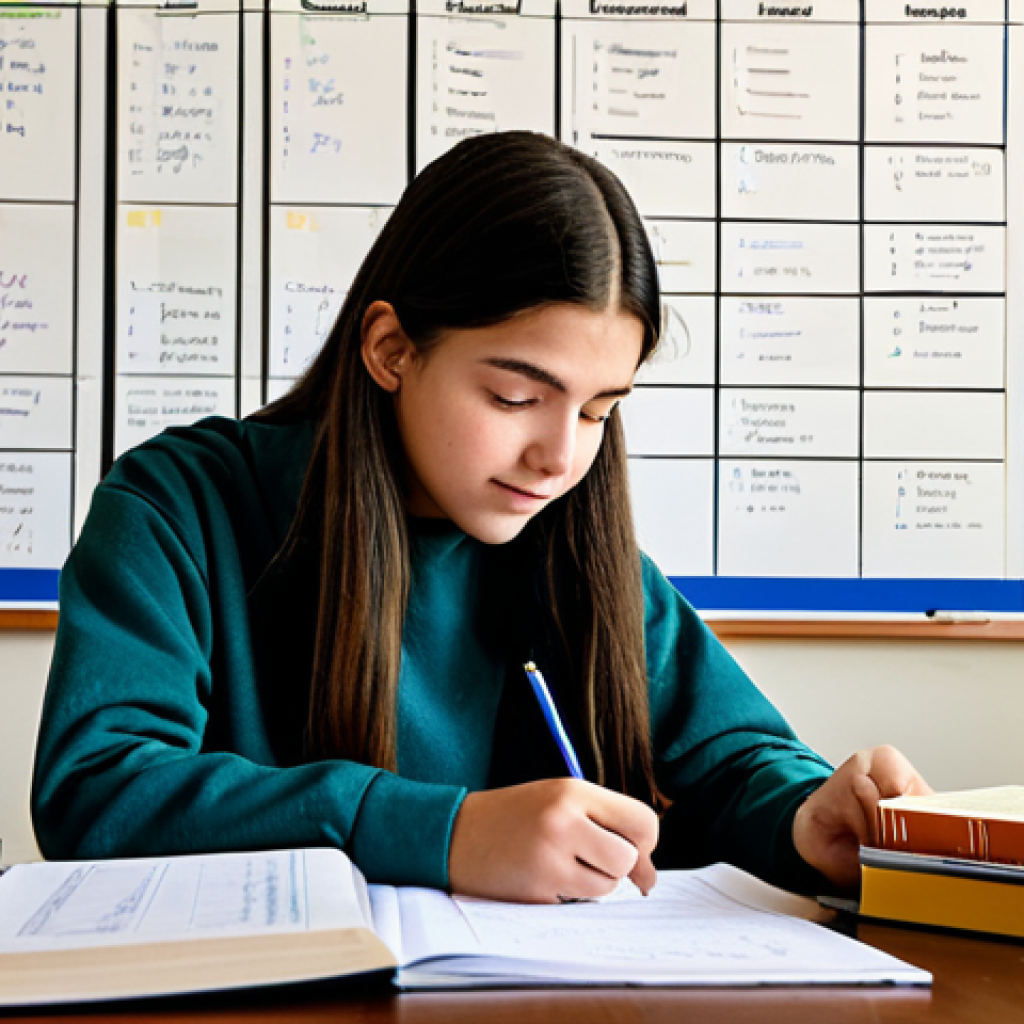 스포츠지도사 필기시험 오답 노트 작성 - **Student Studying with a Schedule:** A fully clothed student, wearing modest clothing, diligently s...