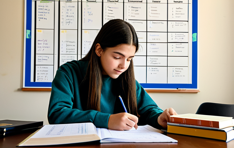 스포츠지도사 필기시험 오답 노트 작성 - **Student Studying with a Schedule:** A fully clothed student, wearing modest clothing, diligently s...