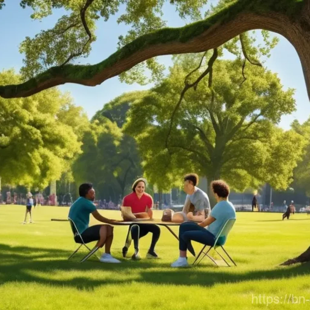 스포츠지도사 일자리 찾는 방법 - A vibrant, cheerful scene featuring a diverse group of friends enjoying a sunny afternoon at a bustl...