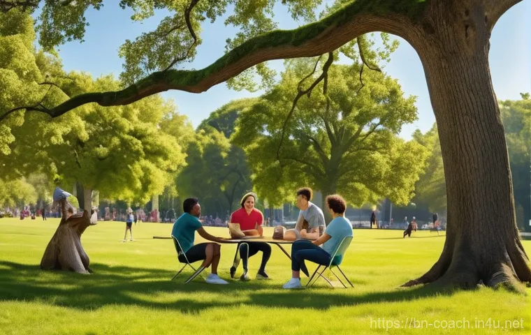 스포츠지도사 일자리 찾는 방법 - A vibrant, cheerful scene featuring a diverse group of friends enjoying a sunny afternoon at a bustl...