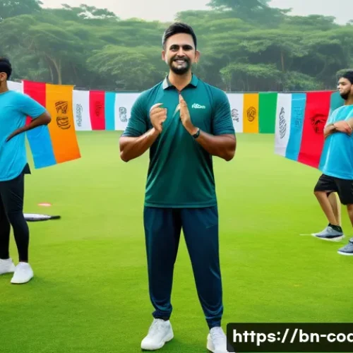 스포츠지도사 자격증의 장점과 단점 - A professional Bengali sports coach in a vibrant outdoor training field, instructing a diverse group...