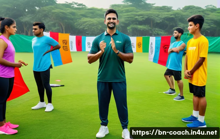 스포츠지도사 자격증의 장점과 단점 - A professional Bengali sports coach in a vibrant outdoor training field, instructing a diverse group...