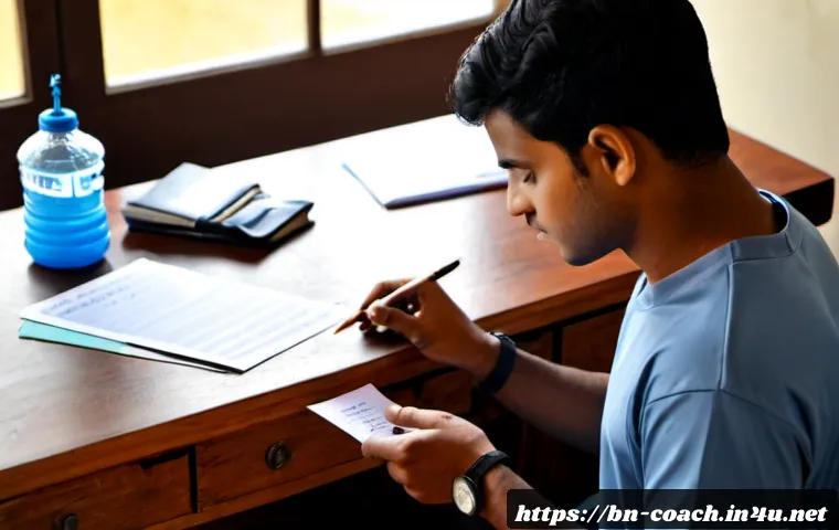 Home 17 스포츠지도사 필기시험 합격 전략 - Photorealistic focused study scene for a sports instructor written exam, a young adult Bengali man i...