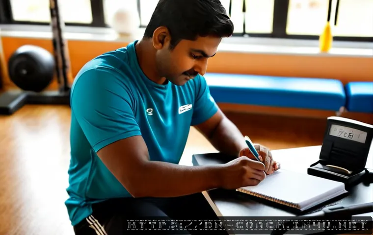 스포츠지도사 업무일지 작성법 - Photorealistic sports instructor seated at a clean desk in a bright community fitness center, carefu...